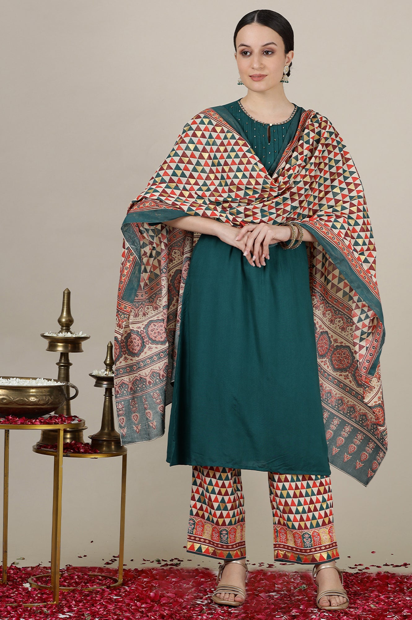 Emerald Green Sequined &amp; Embroidered Straight Kurta with Pleated Yoke