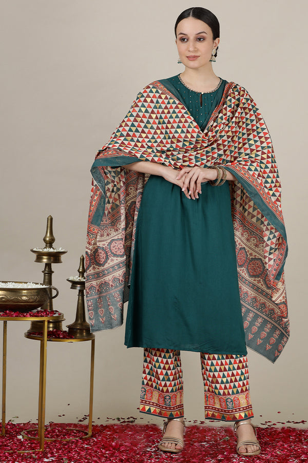 Emerald Green Sequined & Embroidered Straight Kurta with Pleated Yoke