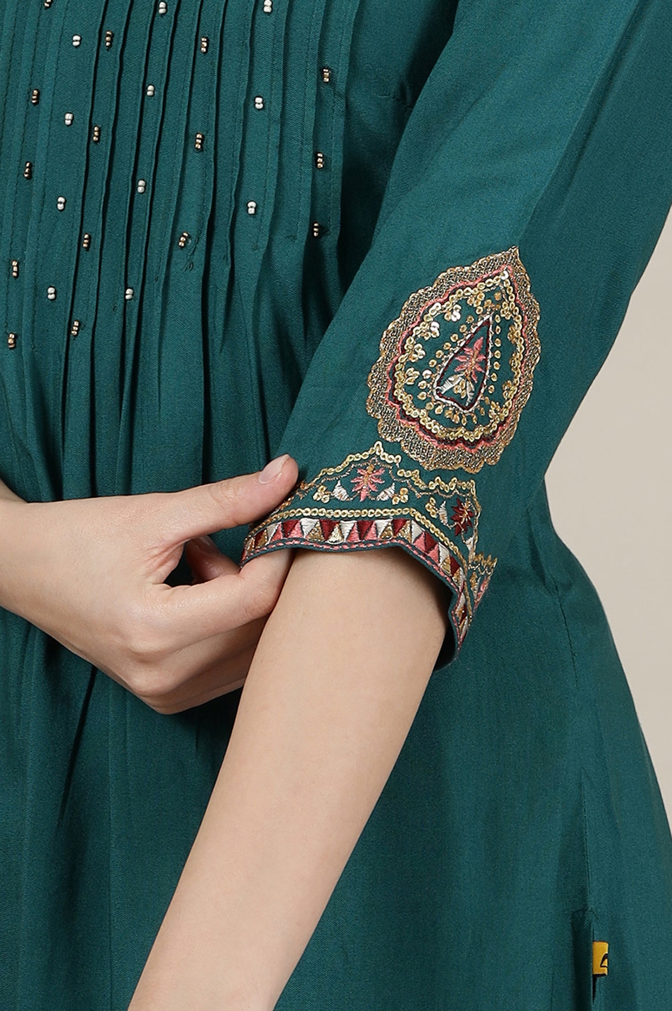 Emerald Green Sequined &amp; Embroidered Straight Kurta with Pleated Yoke