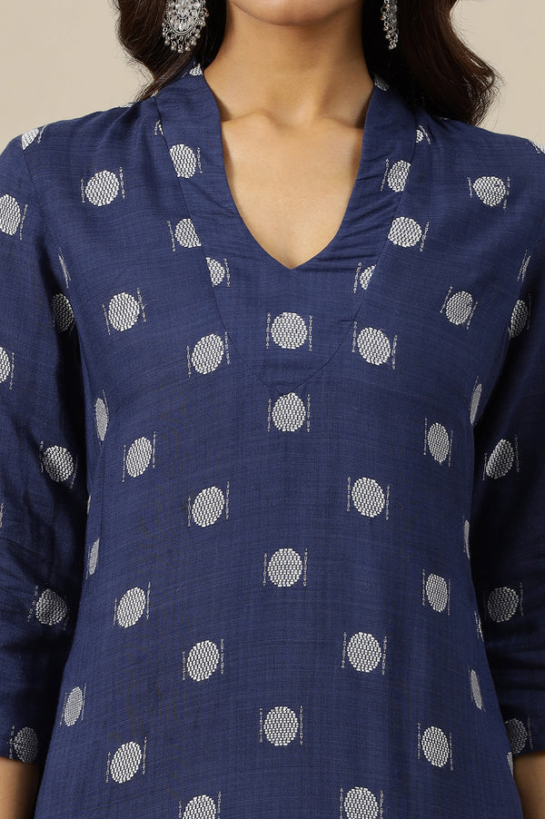 Ocean Blue Yarn Dyed Pure Cotton Straight Kurta in Stylized Neck
