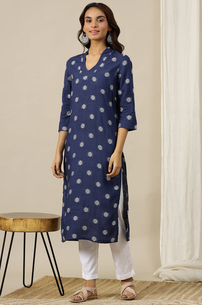 Ocean Blue Yarn Dyed Pure Cotton Straight Kurta in Stylized Neck