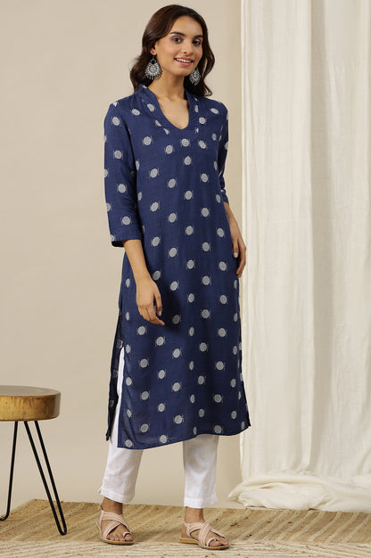 Ocean Blue Yarn Dyed Pure Cotton Straight Kurta in Stylized Neck