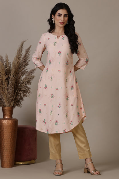 Light Peach Foil Floral Printed A line Rayon Kurta with Curved Hemline