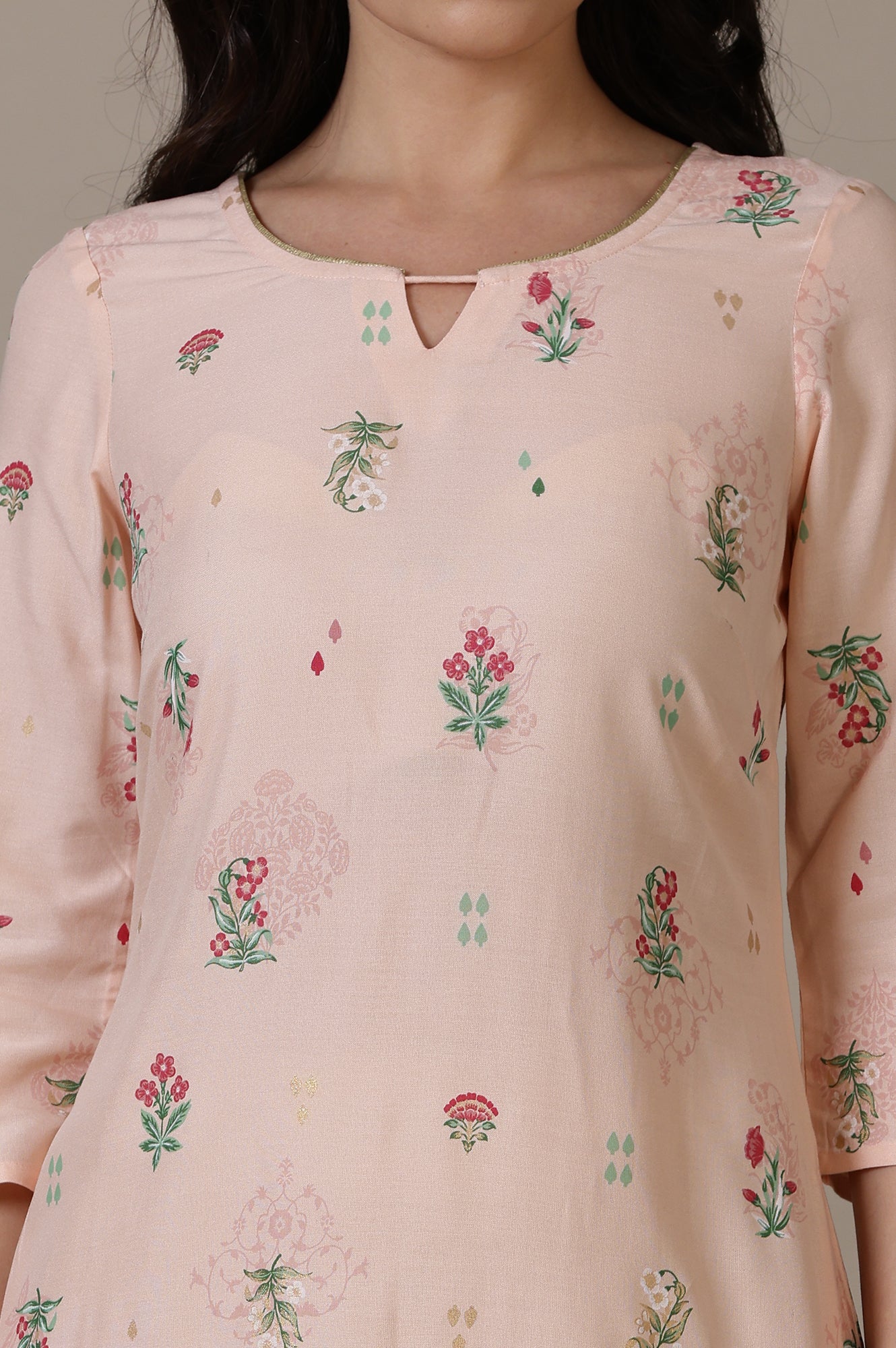 Light Peach Foil Floral Printed A line Rayon Kurta with Curved Hemline