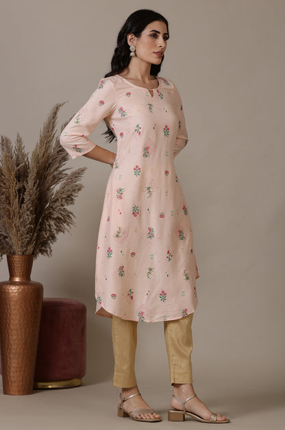 Light Peach Foil Floral Printed A line Rayon Kurta with Curved Hemline