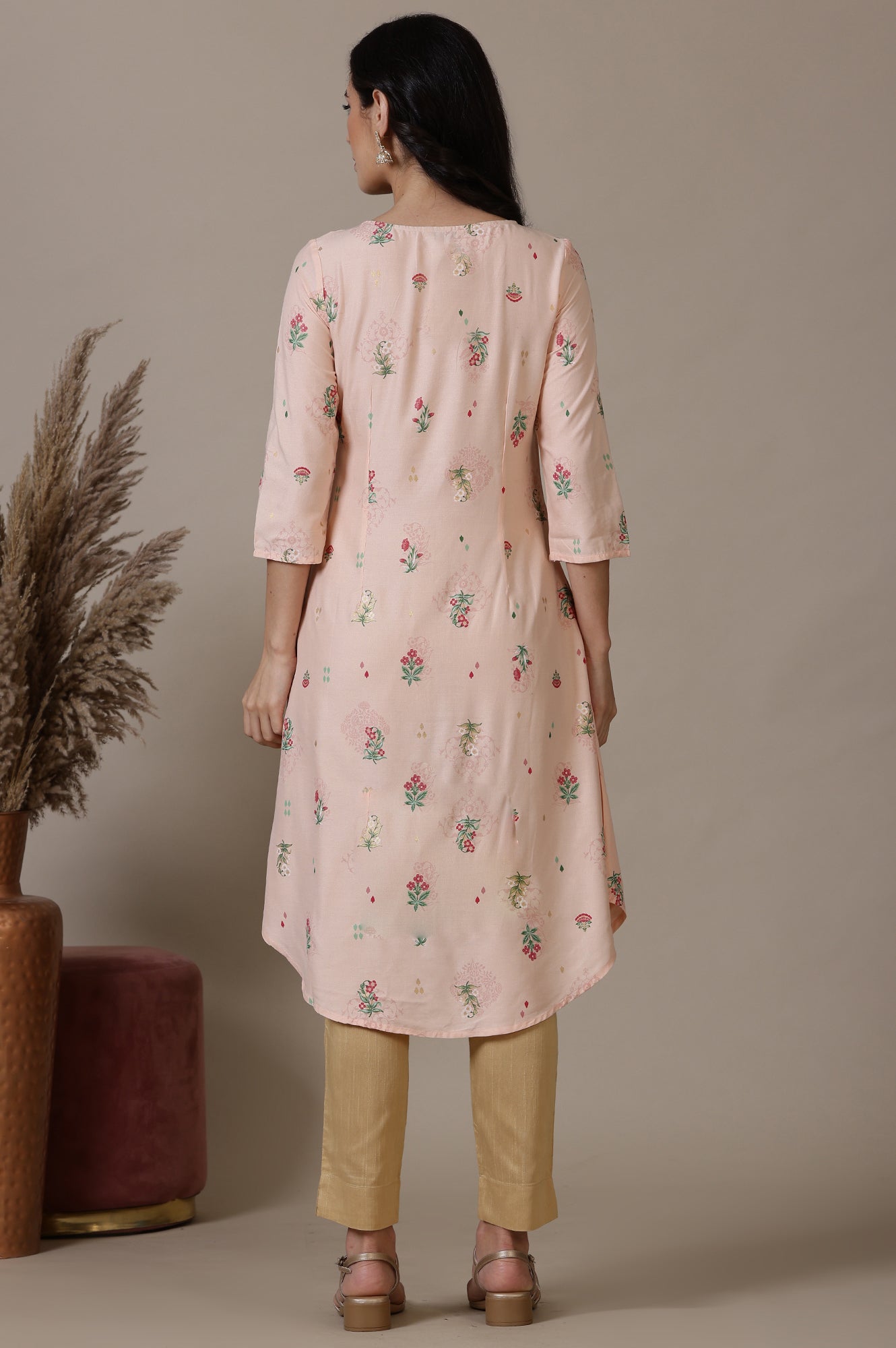 Light Peach Foil Floral Printed A line Rayon Kurta with Curved Hemline