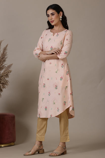 Light Peach Foil Floral Printed A line Rayon Kurta with Curved Hemline