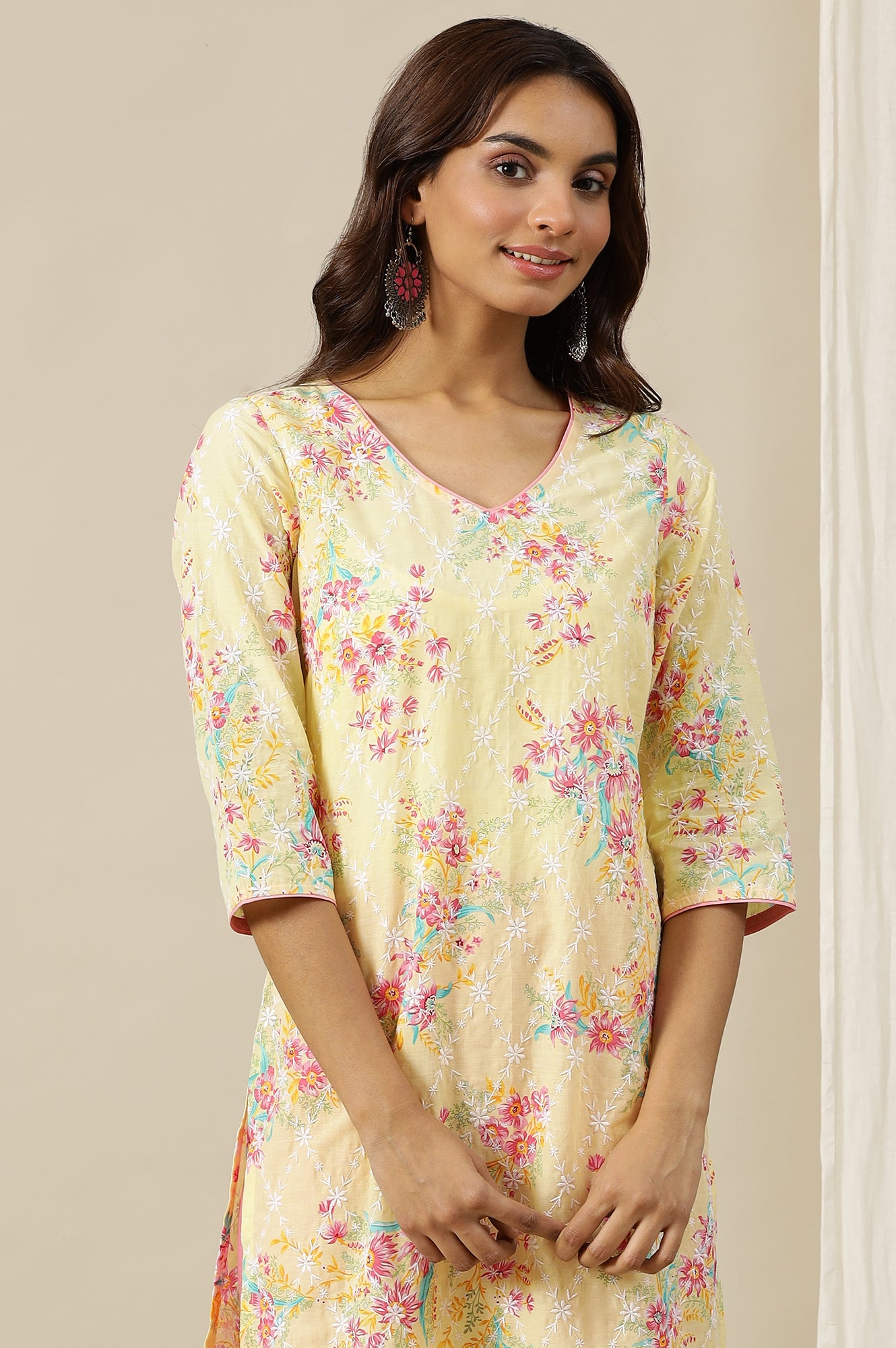 Yellow Floral Printed Schiffli Embroidered Straight Kurta in V-Neck