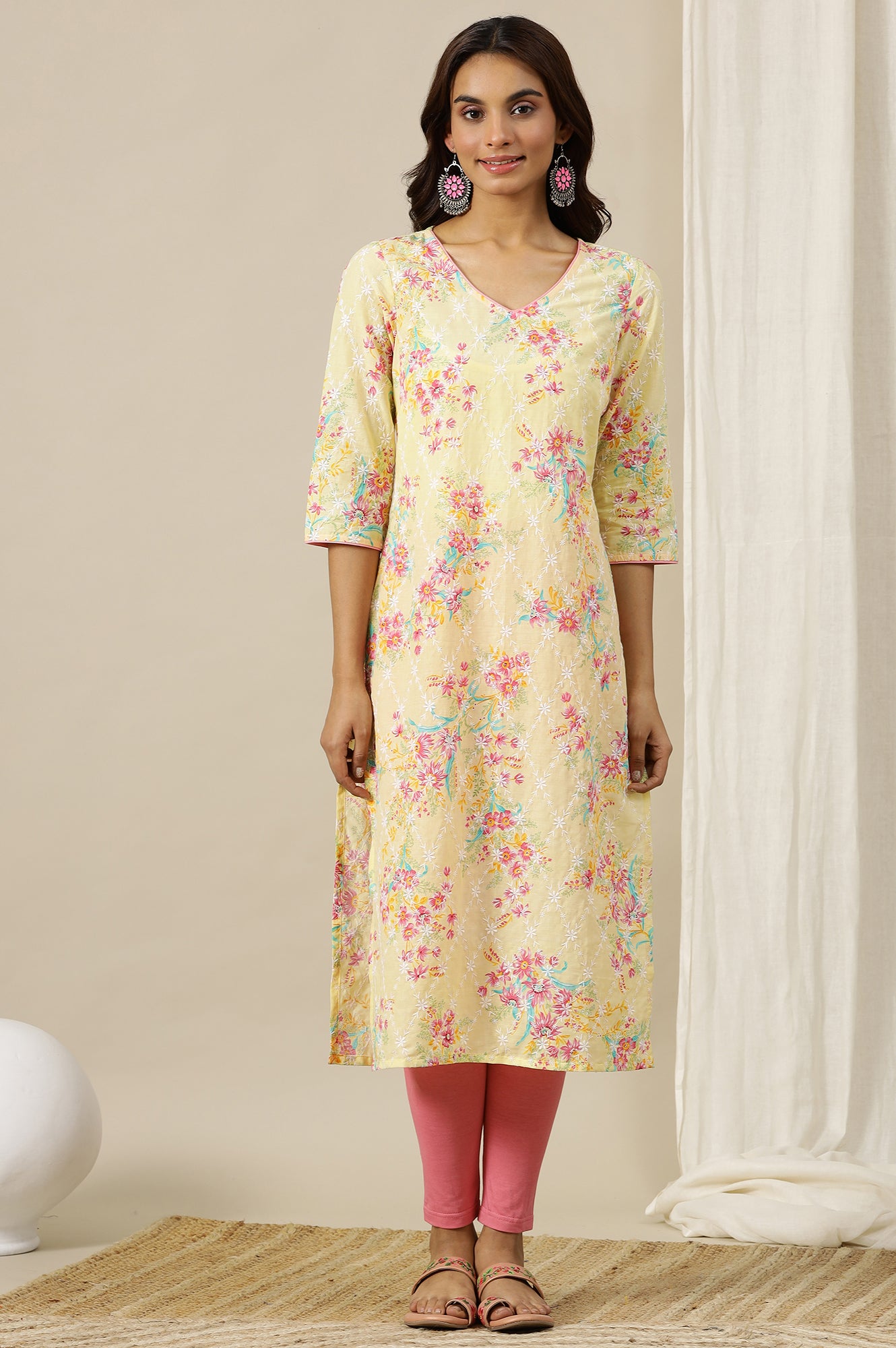 Yellow Floral Printed Schiffli Embroidered Straight Kurta in V-Neck