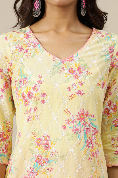 Yellow Floral Printed Schiffli Embroidered Straight Kurta in V-Neck