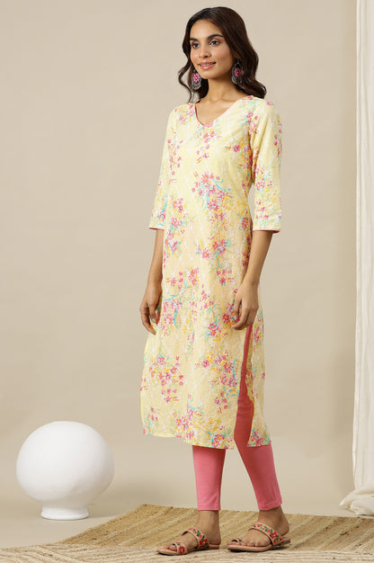 Yellow Floral Printed Schiffli Embroidered Straight Kurta in V-Neck