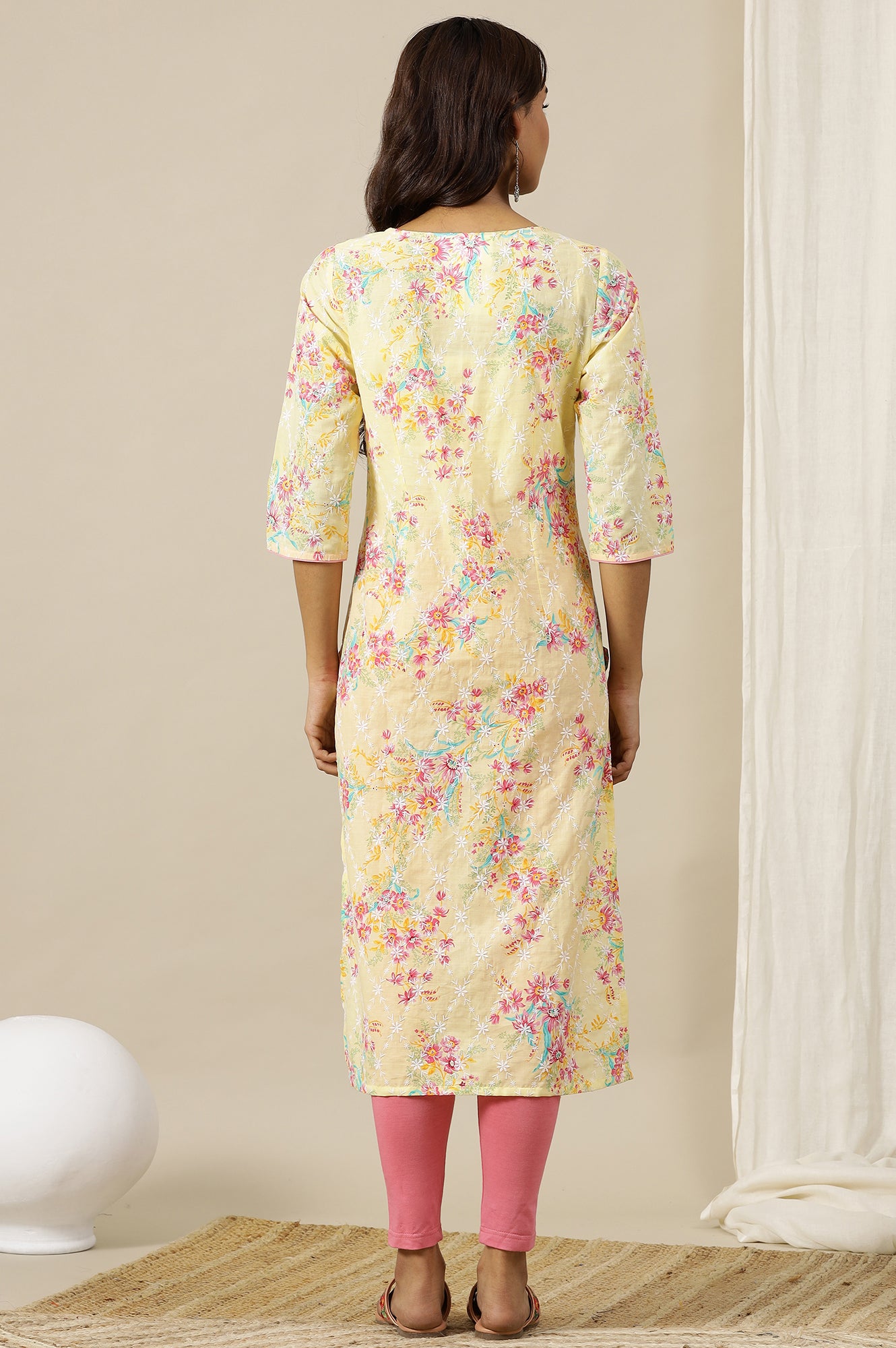 Yellow Floral Printed Schiffli Embroidered Straight Kurta in V-Neck