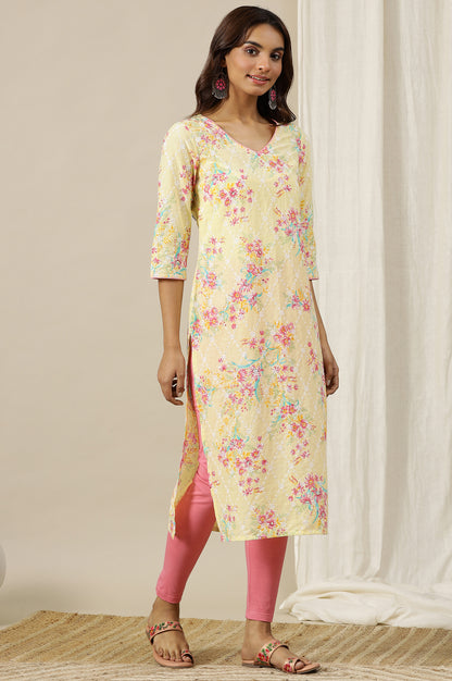 Yellow Floral Printed Schiffli Embroidered Straight Kurta in V-Neck