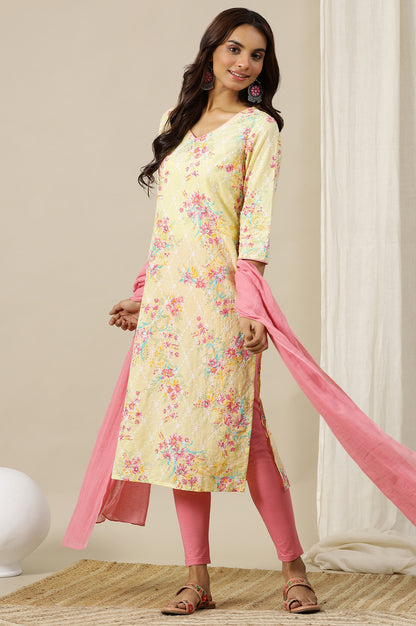 Yellow Floral Printed Schiffli Embroidered Straight Kurta in V-Neck