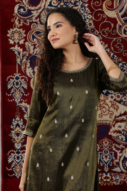 Black Viscose Tissue Straight Kurta with Embellished Neckline