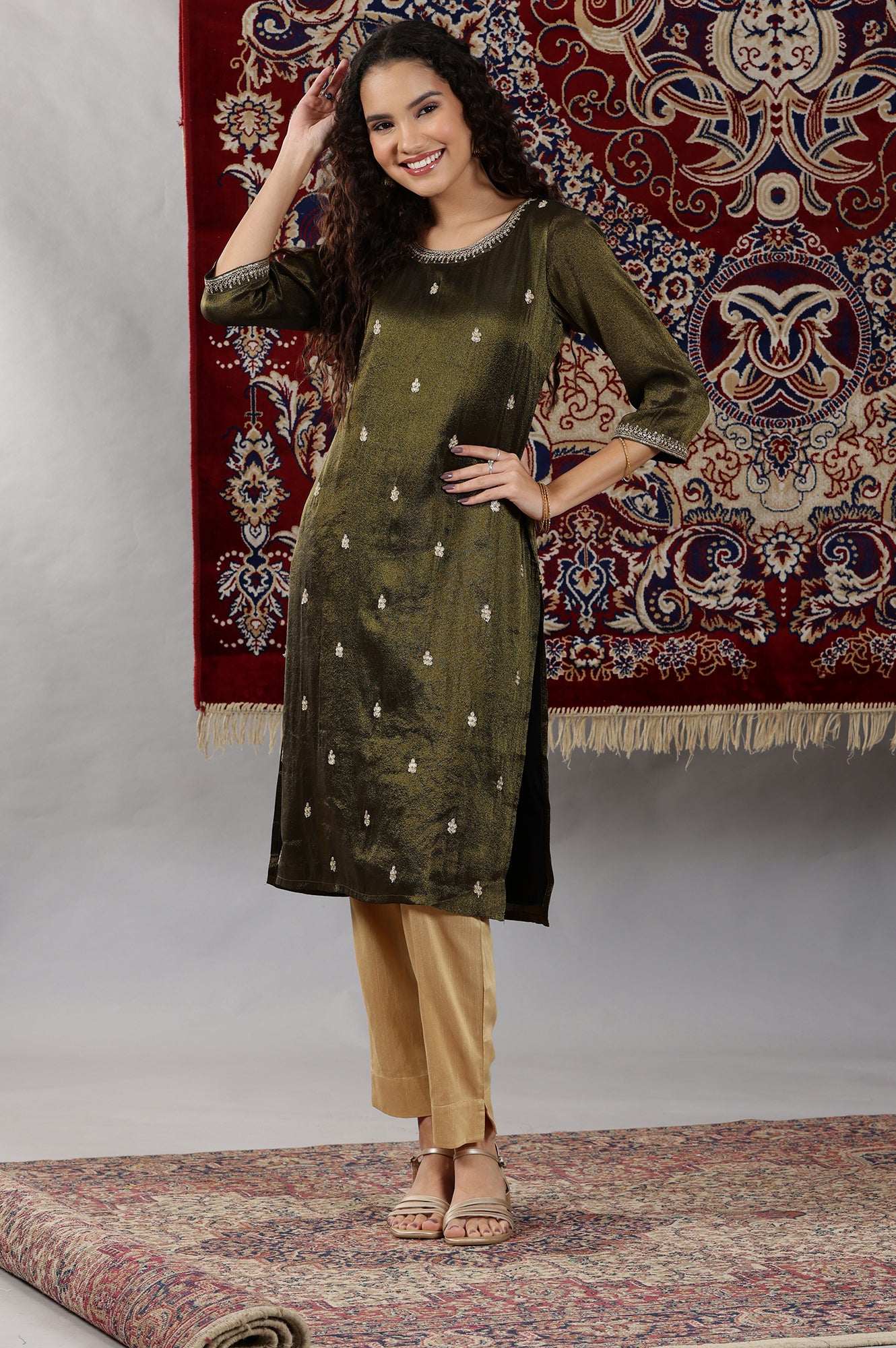 Black Viscose Tissue Straight Kurta with Embellished Neckline