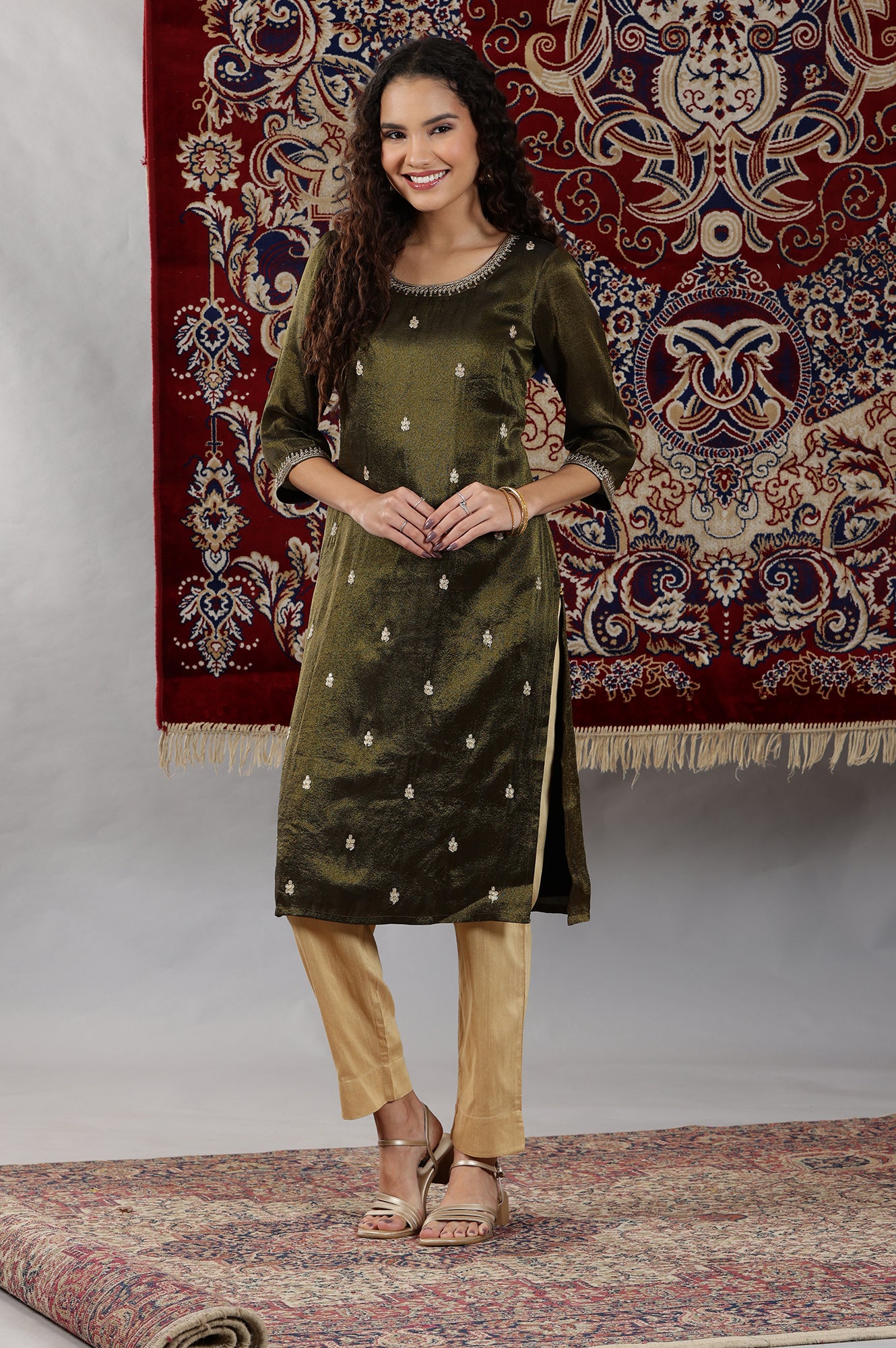 Black Viscose Tissue Straight Kurta with Embellished Neckline