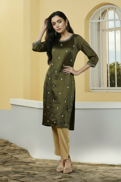 Black Viscose Tissue Straight Kurta with Embellished Neckline