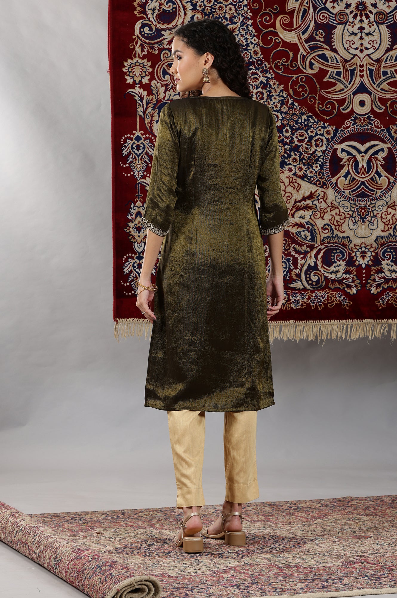 Black Viscose Tissue Straight Kurta with Embellished Neckline