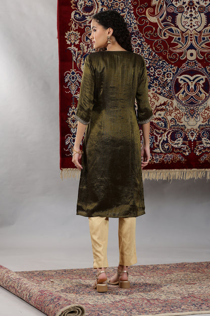 Black Viscose Tissue Straight Kurta with Embellished Neckline