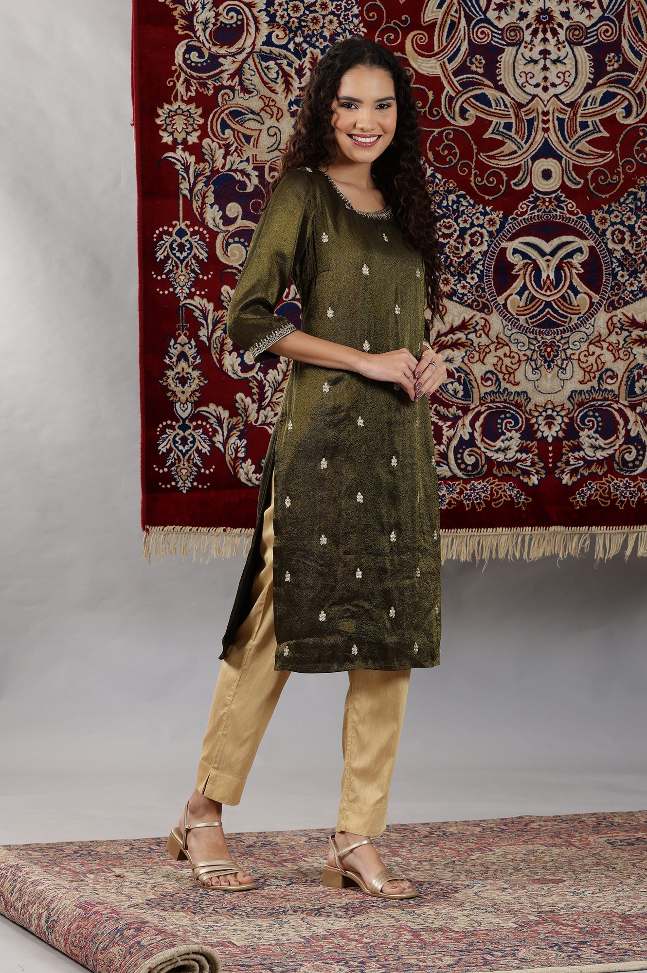 Black Viscose Tissue Straight Kurta with Embellished Neckline