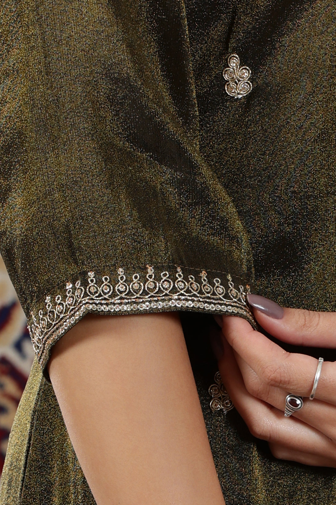 Black Solid Embellished Straight Tissue Kurta