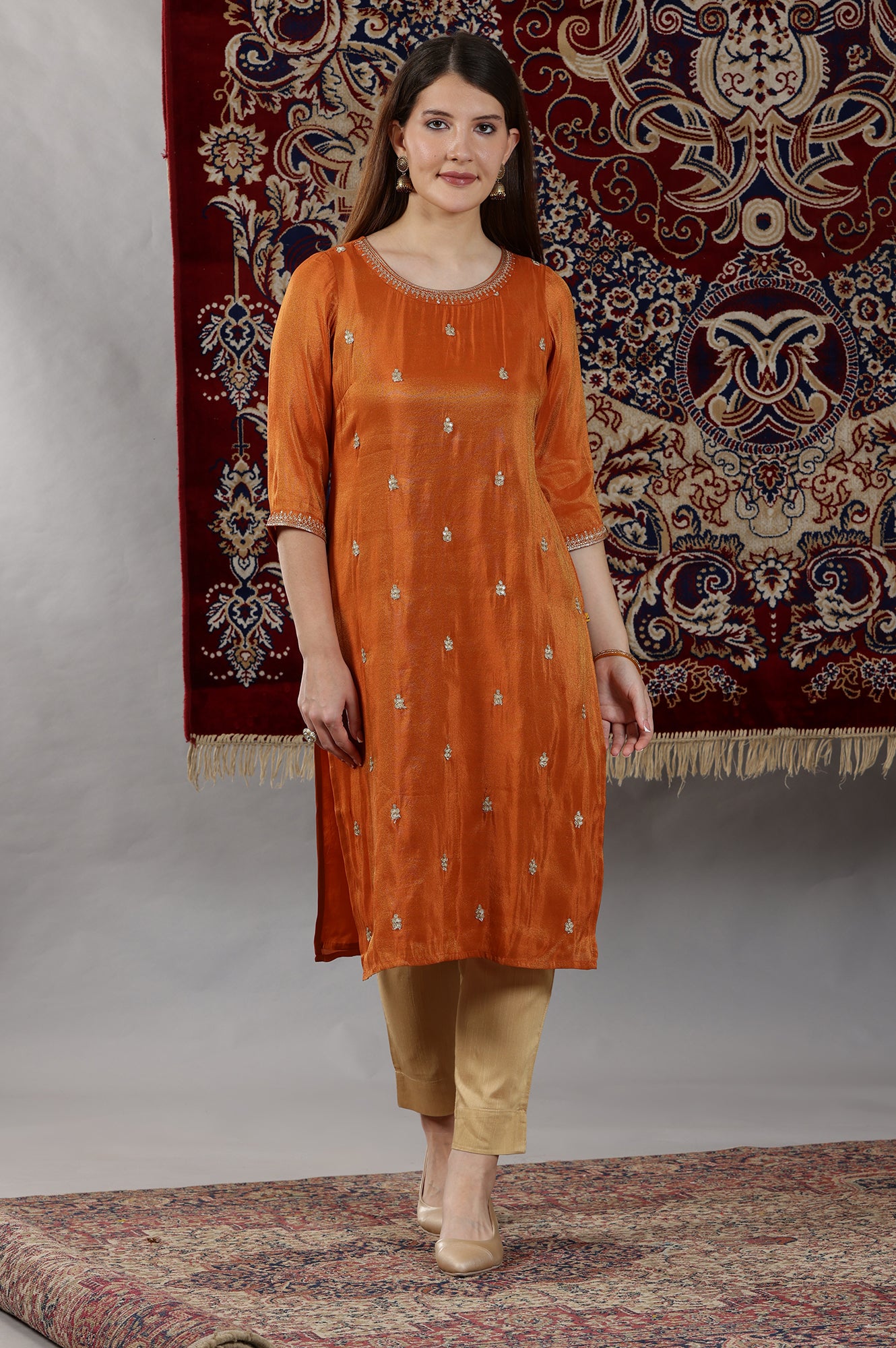 Rust Orange Embroidered Viscose Tissue Straight Kurta