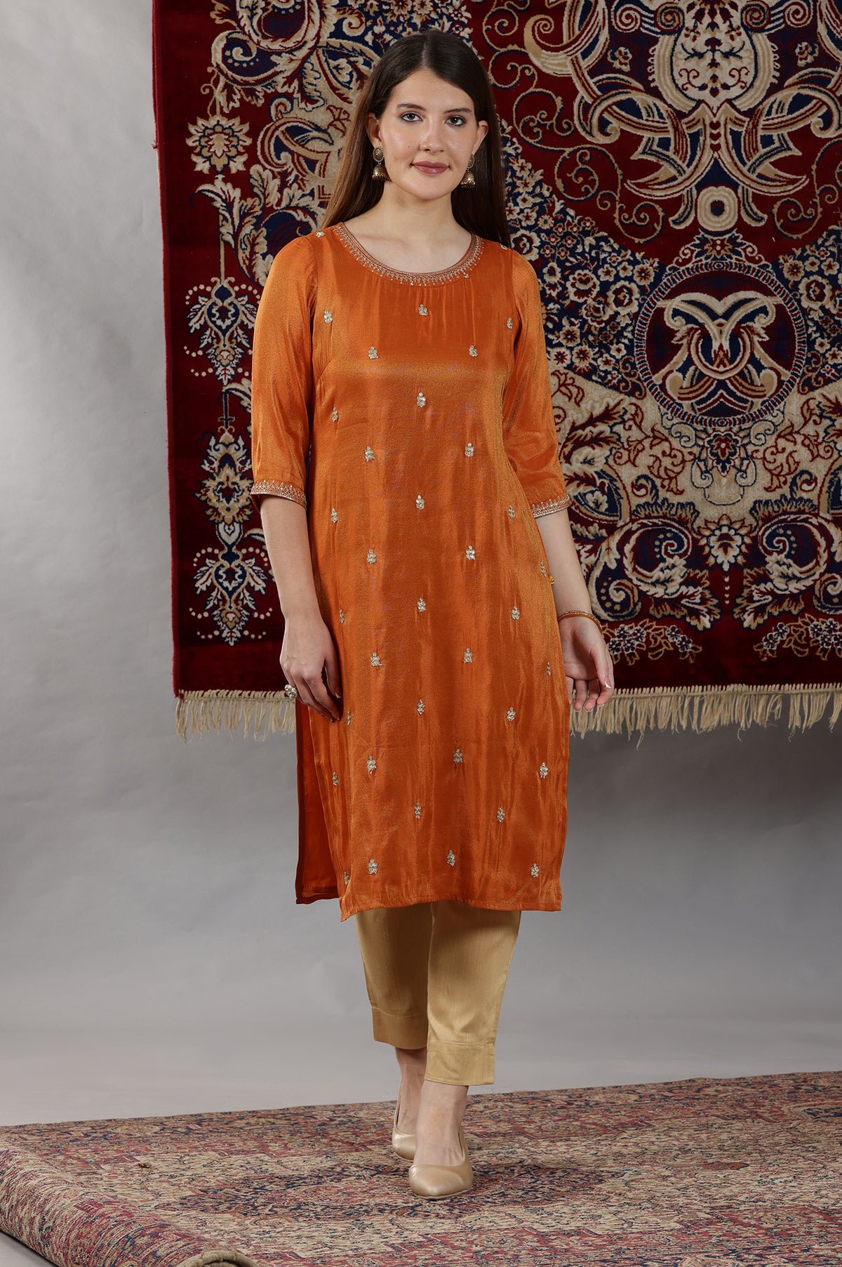 Rust Solid Embellished Straight Tissue Kurta - S
