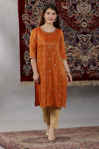 Rust Solid Embellished Straight Tissue Kurta