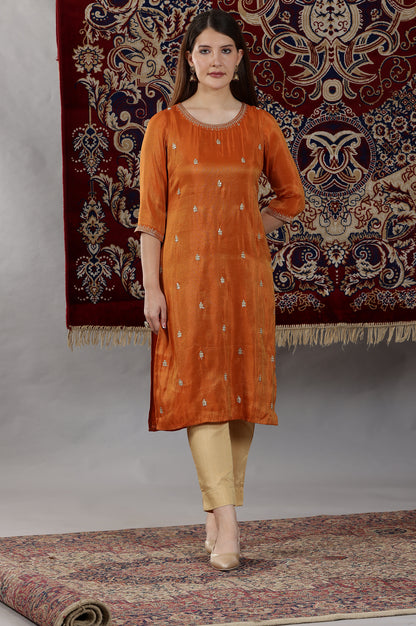 Rust Orange Embroidered Viscose Tissue Straight Kurta