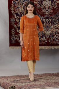 Rust Solid Embellished Straight Tissue Kurta