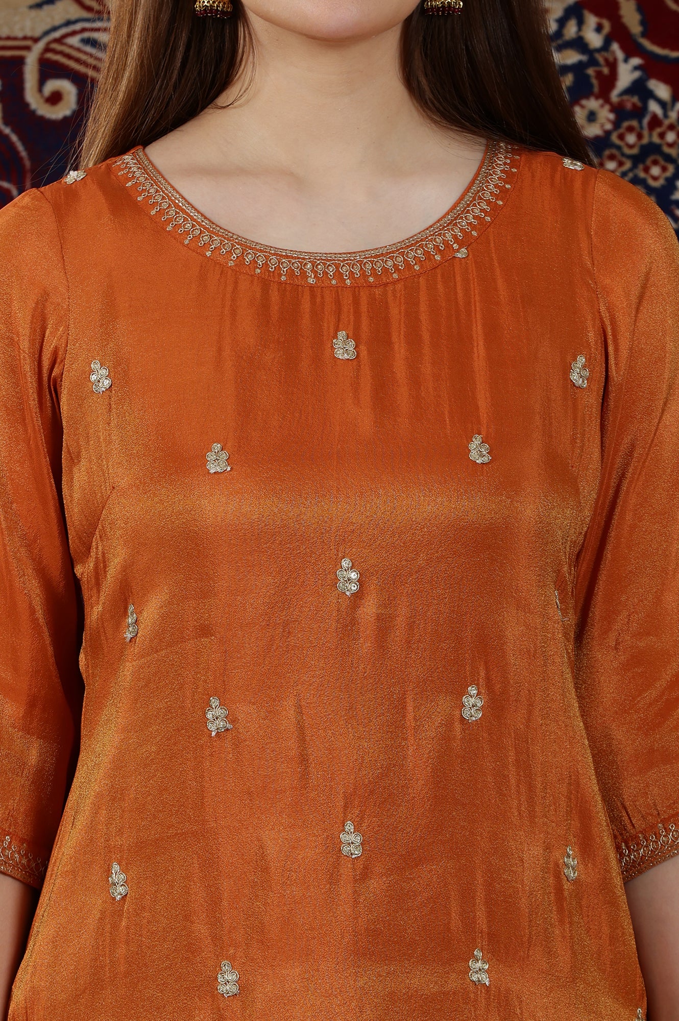 Rust Orange Embroidered Viscose Tissue Straight Kurta