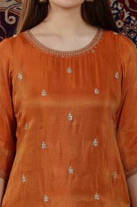 Rust Solid Embellished Straight Tissue Kurta