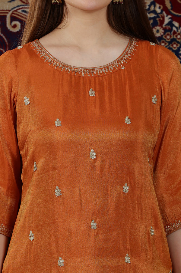 Rust Solid Embellished Straight Tissue Kurta
