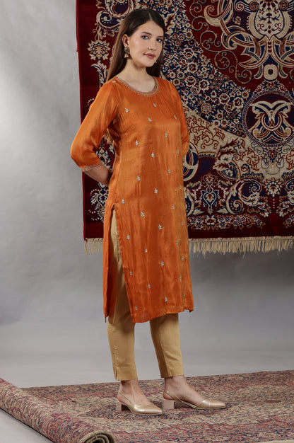 Rust Orange Embroidered Viscose Tissue Straight Kurta