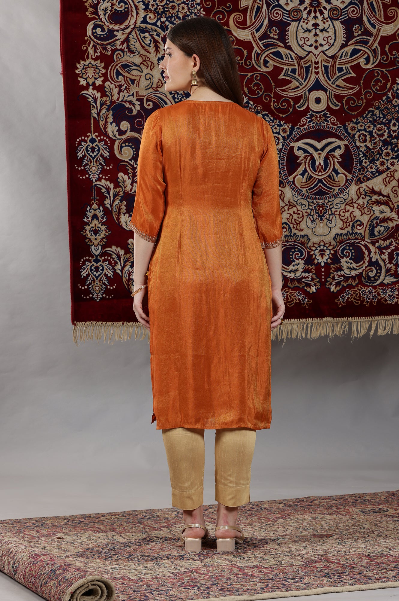 Rust Orange Embroidered Viscose Tissue Straight Kurta