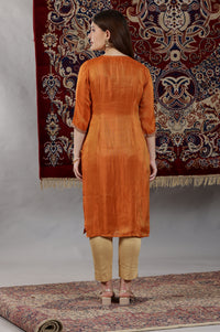 Rust Solid Embellished Straight Tissue Kurta