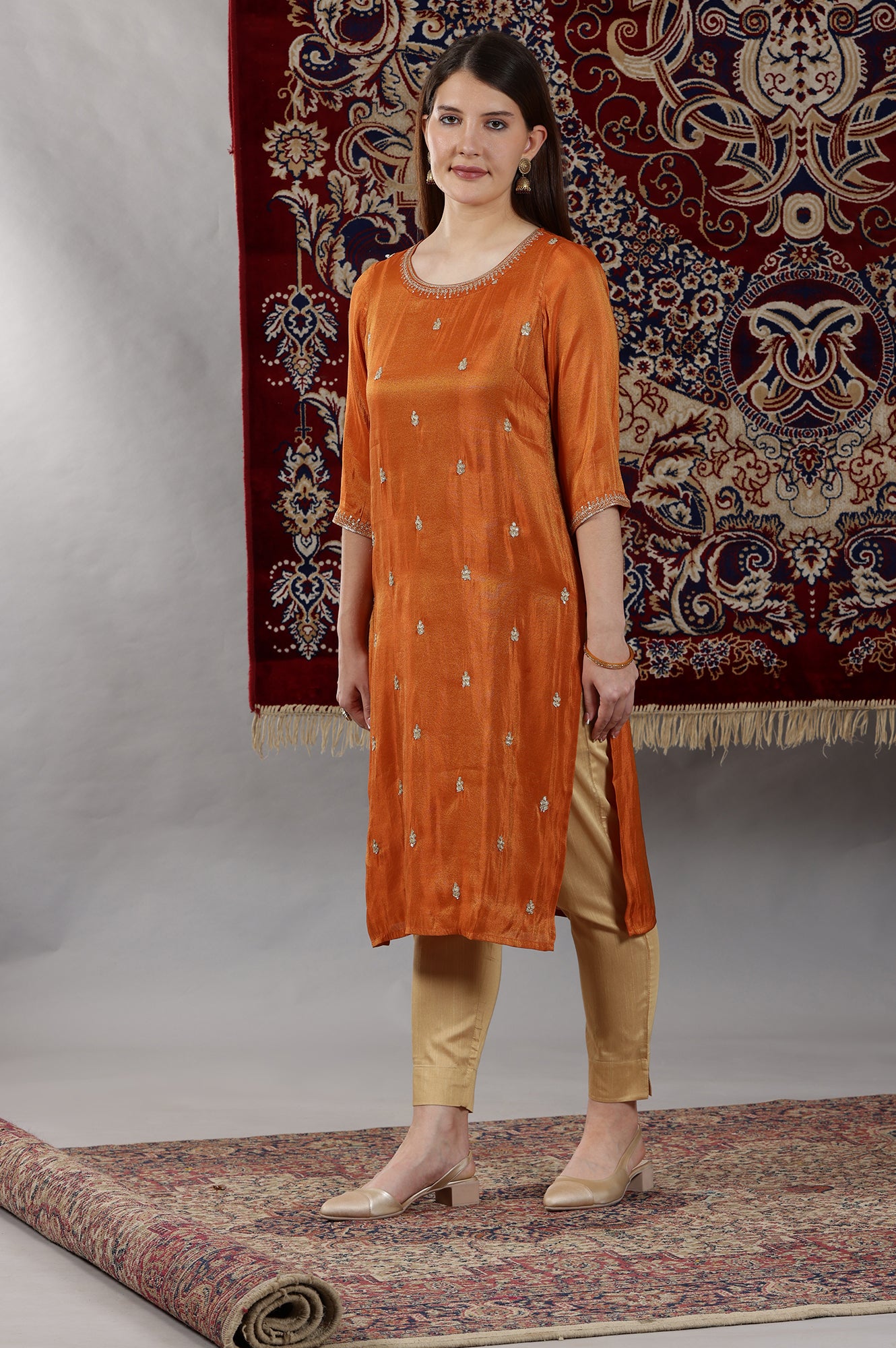 Rust Orange Embroidered Viscose Tissue Straight Kurta