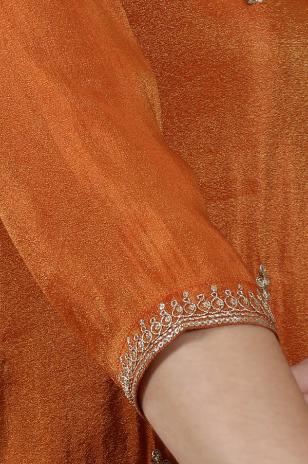 Rust Solid Embellished Straight Tissue Kurta