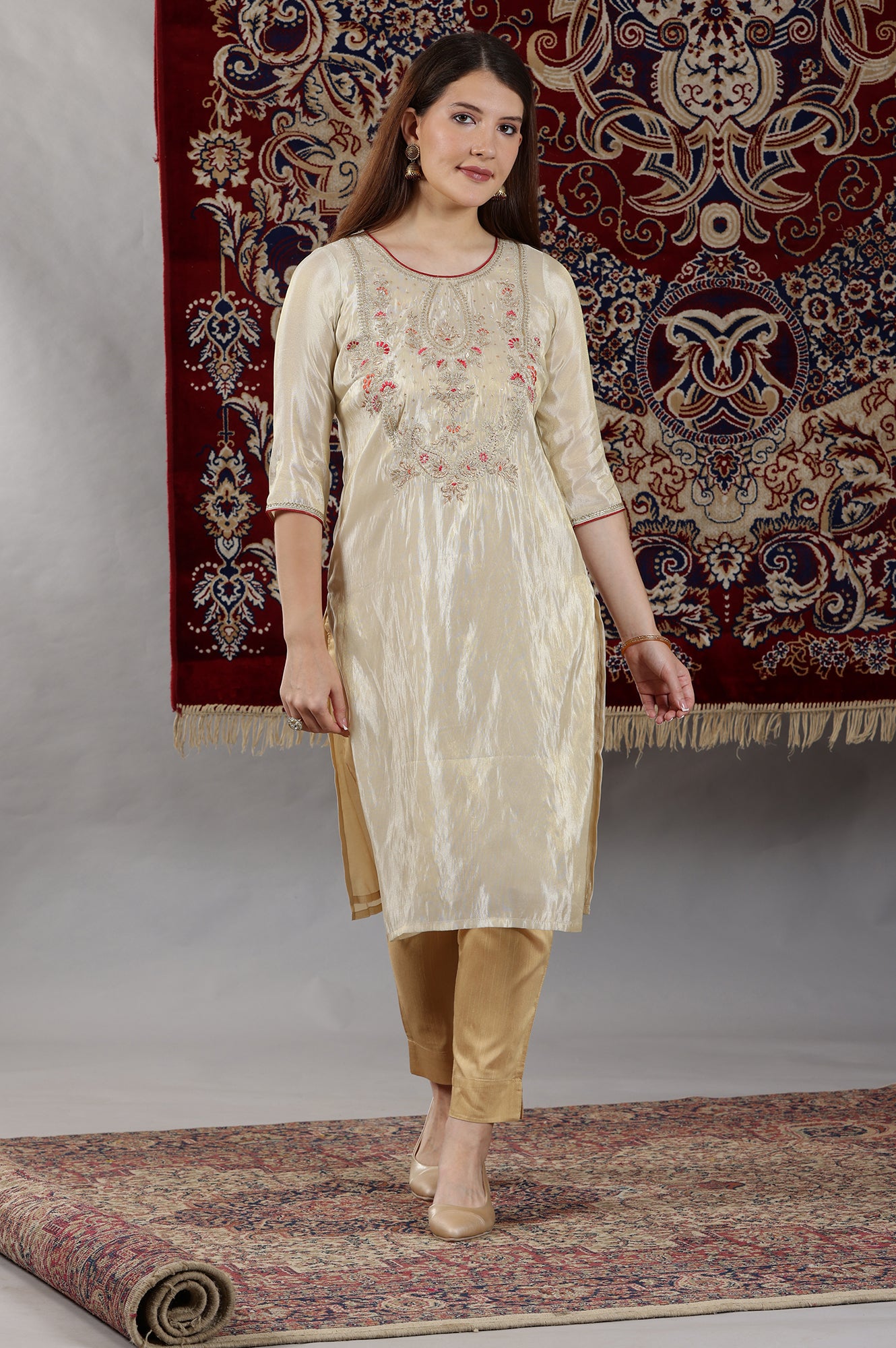 Beige Dori Embroidered Yoke Straight Festive Kurta