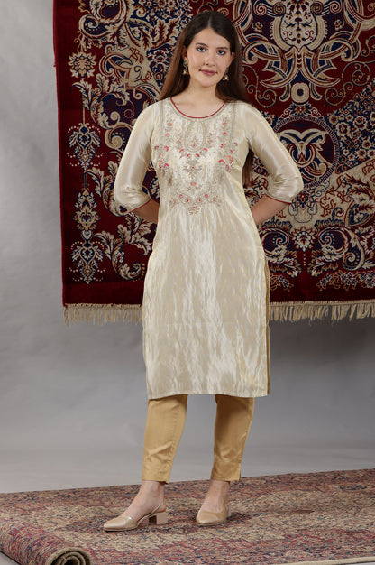 Beige Dori Embroidered Yoke Straight Festive Kurta