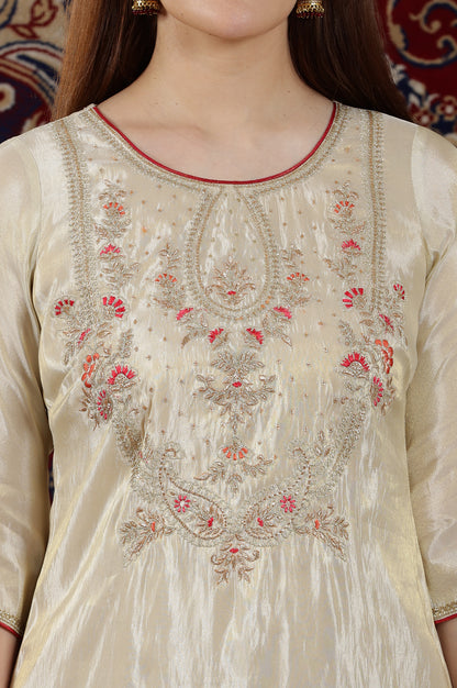 Beige Dori Embroidered Yoke Straight Festive Kurta