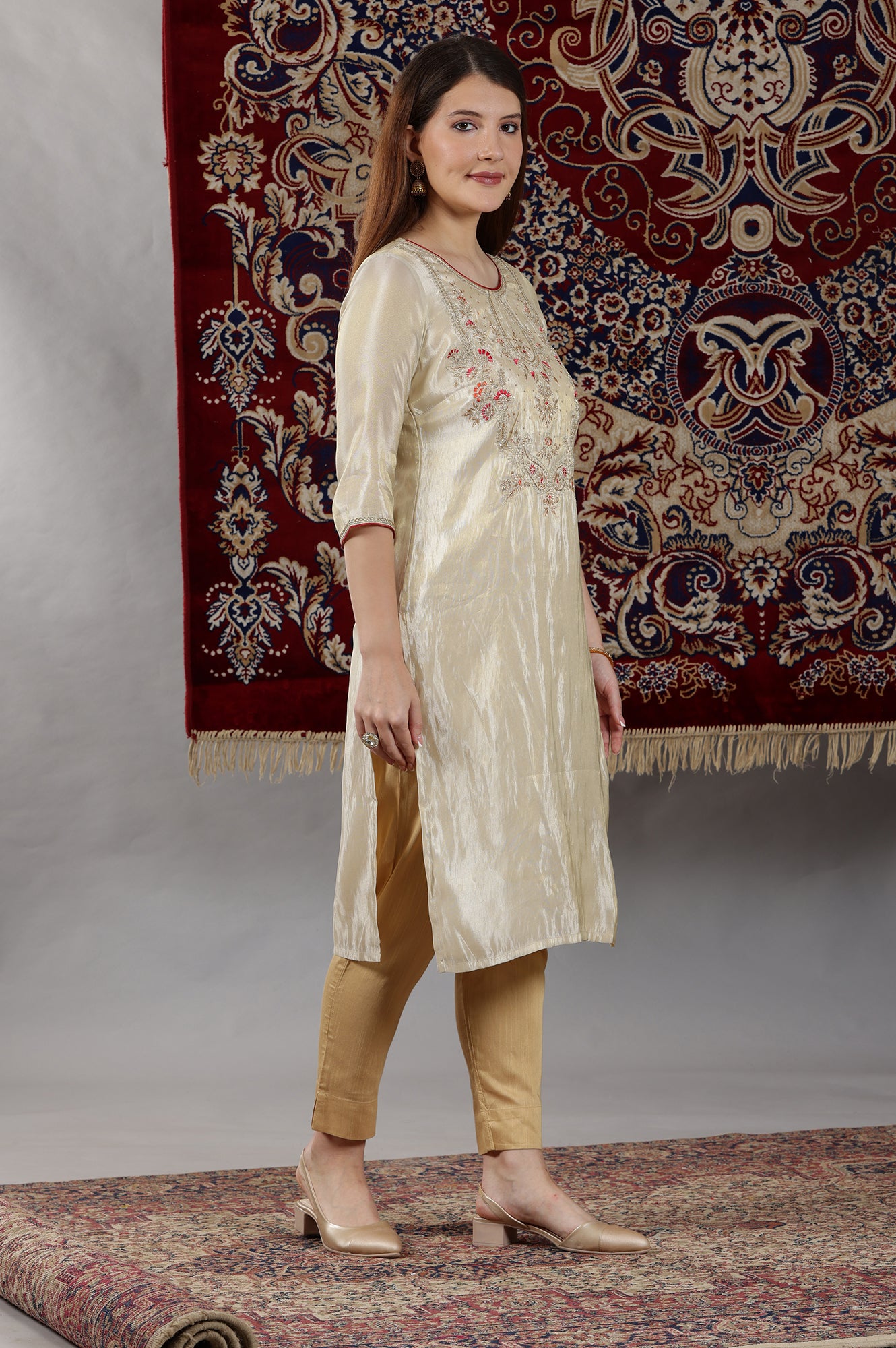 Beige Dori Embroidered Yoke Straight Festive Kurta