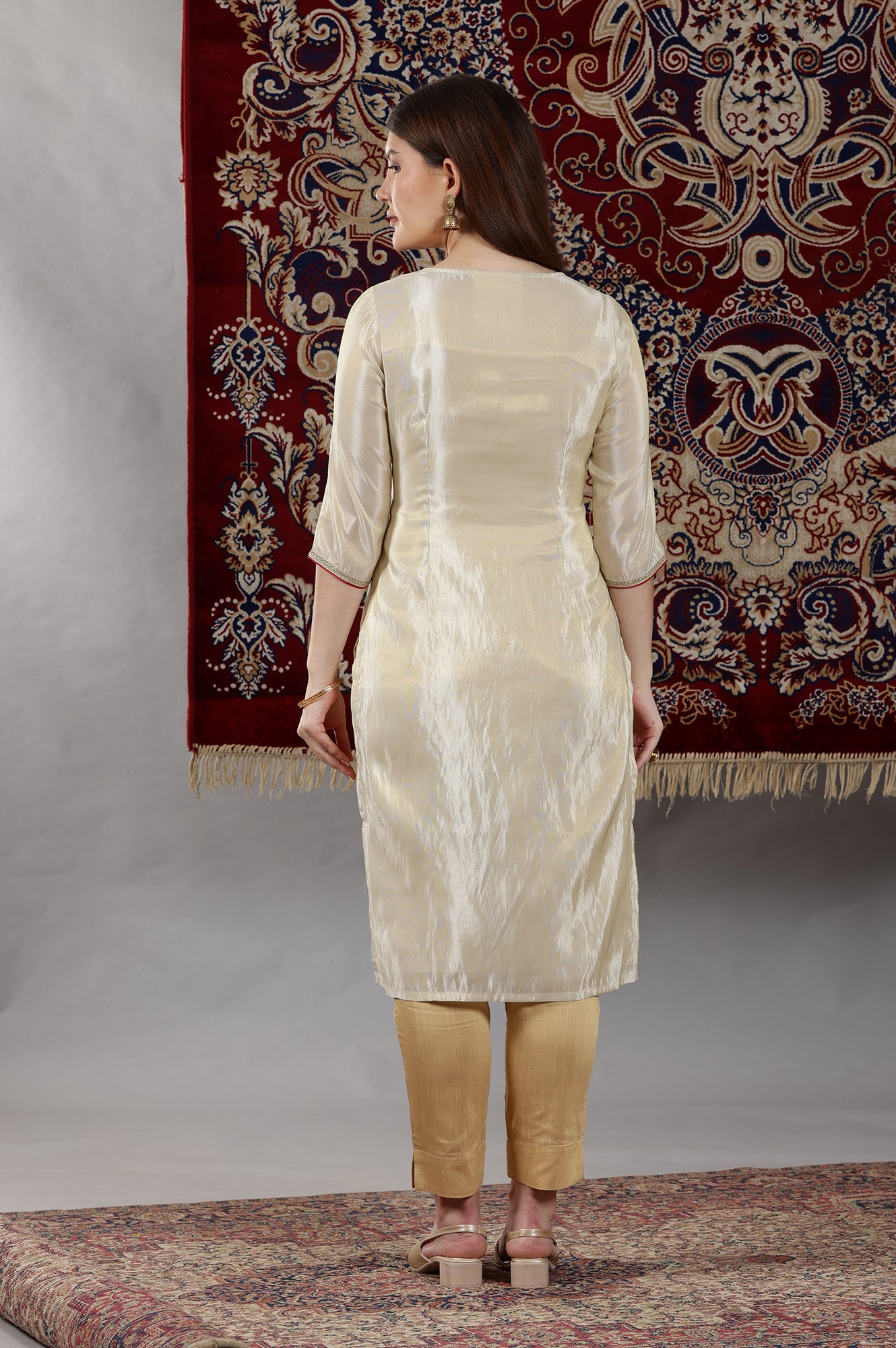 Beige Dori Embroidered Yoke Straight Festive Kurta