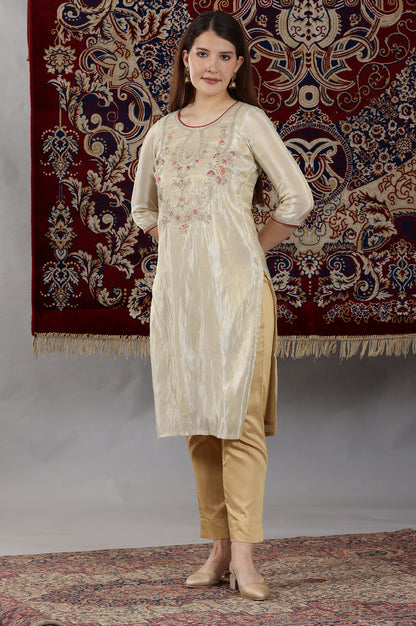 Beige Dori Embroidered Yoke Straight Festive Kurta