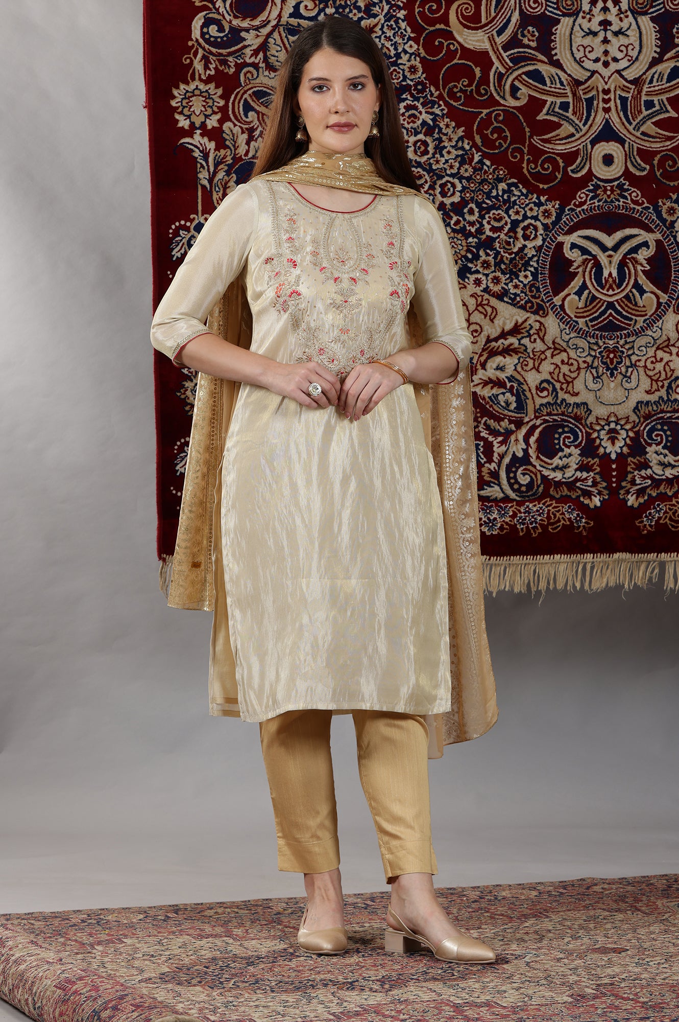 Beige Dori Embroidered Yoke Straight Festive Kurta