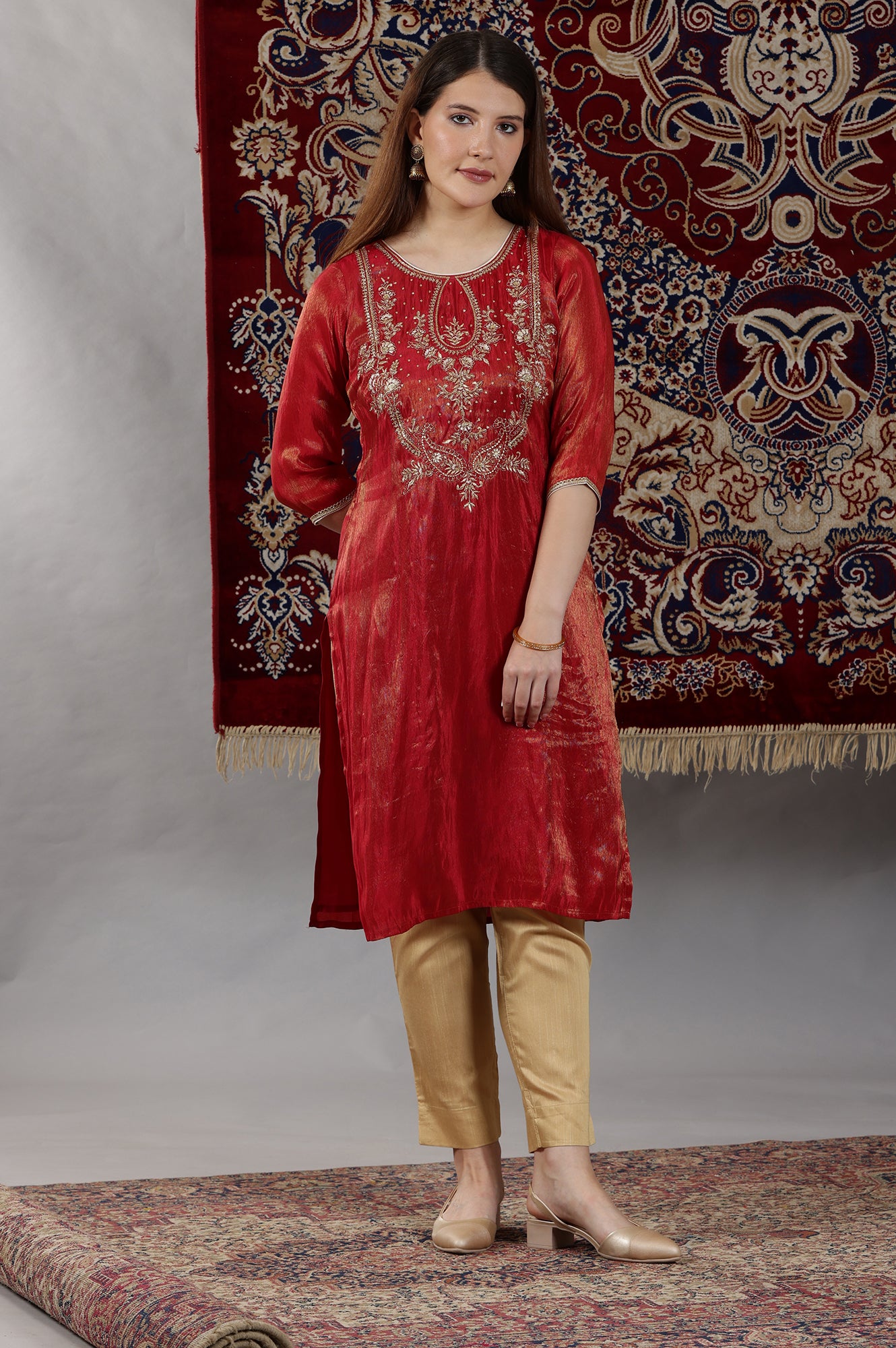 Red Dori Embroidered Yoke Straight Festive Kurta