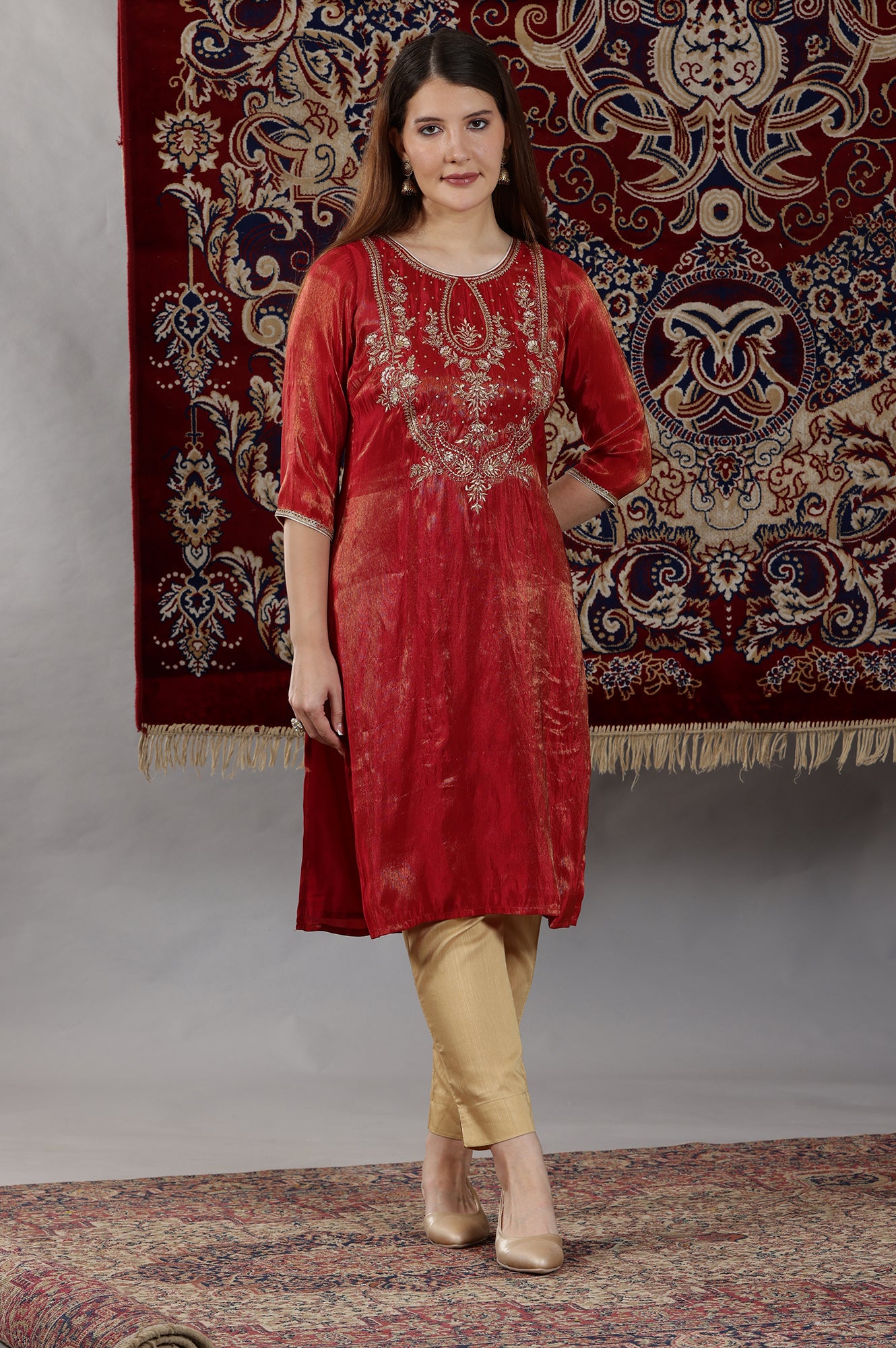 Red Dori Embroidered Yoke Straight Festive Kurta