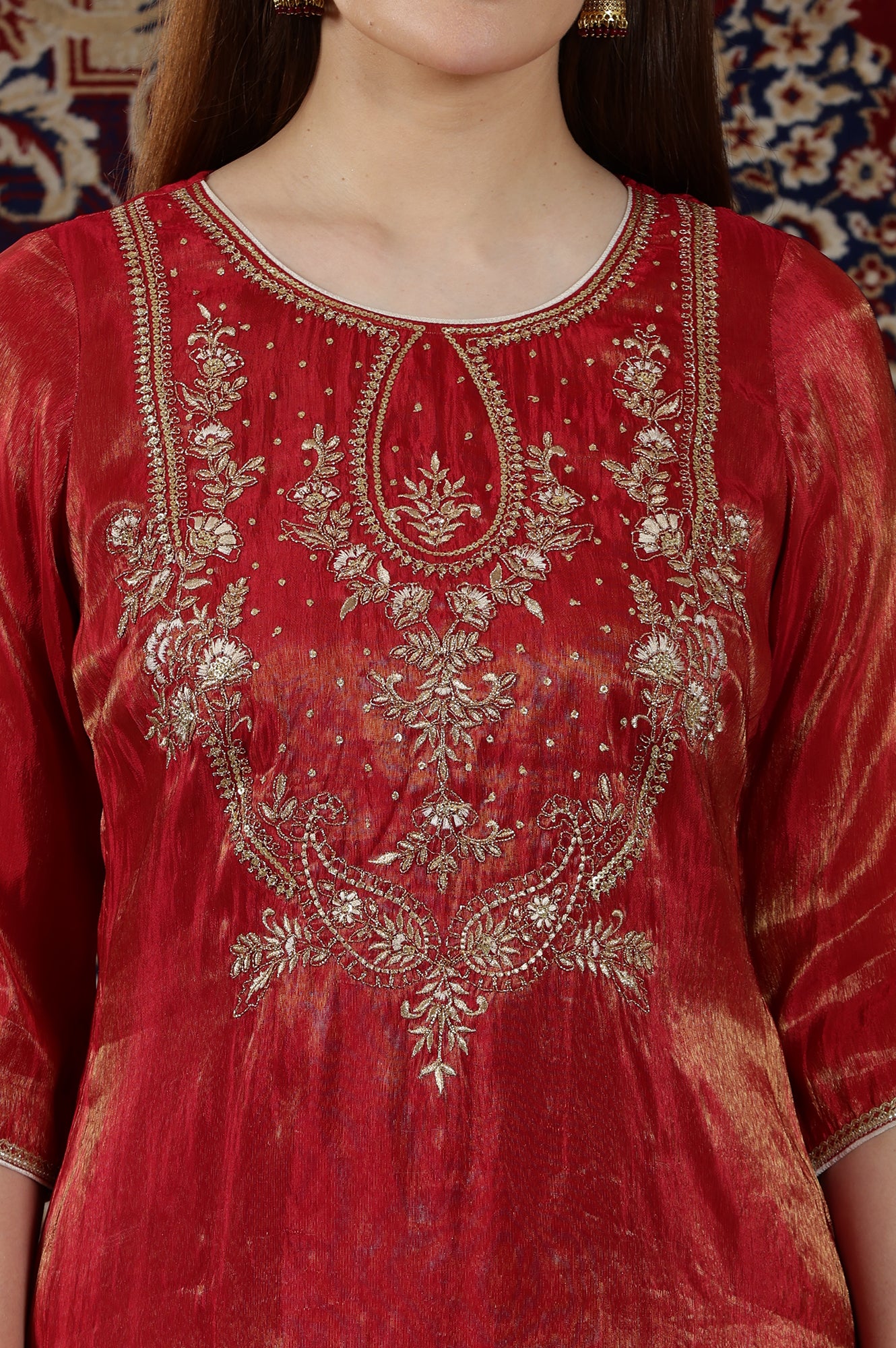 Red Dori Embroidered Yoke Straight Festive Kurta