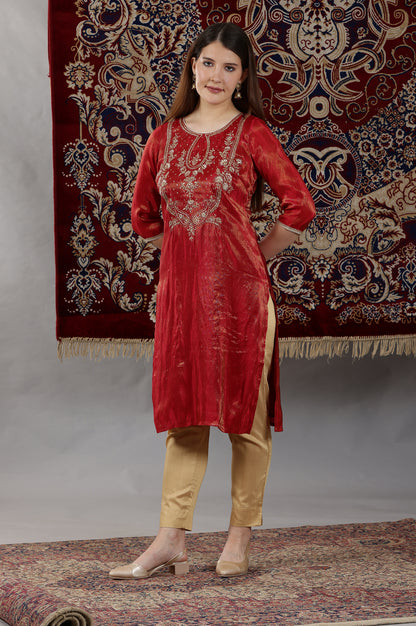 Red Dori Embroidered Yoke Straight Festive Kurta